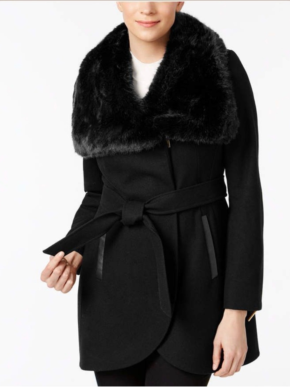NEW PICS French Connection Black Wrap Trench Coat with Faux-Fur Collar Large